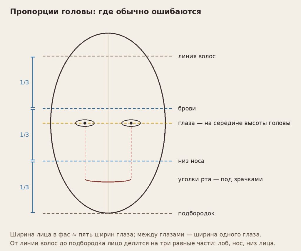 Ошибки в портрете: схема пропорций головы — глаза на середине высоты, лицо делится на три части, уголки рта под зрачками