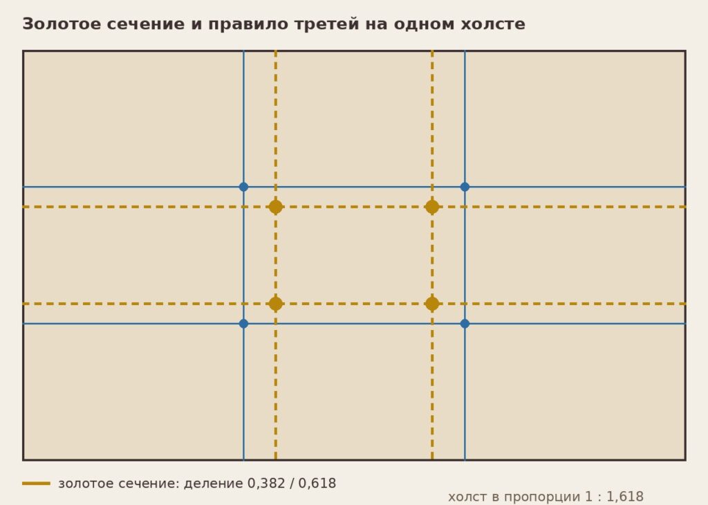 Золотое сечение в живописи: схема деления холста по золотому сечению 0,382/0,618 и по правилу третей